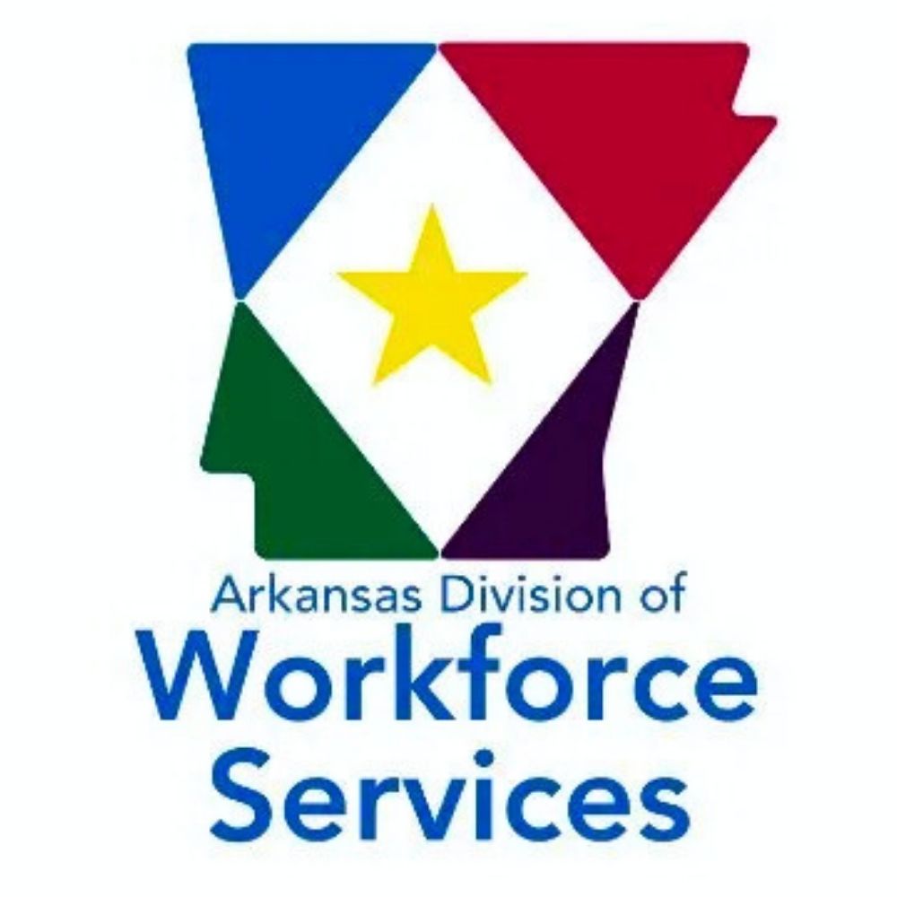 Logo of the Arkansas Division of Workforce Services featuring a stylized map of Arkansas with a yellow star in the center and colored shapes, above blue text reading Arkansas Division of Workforce Services.