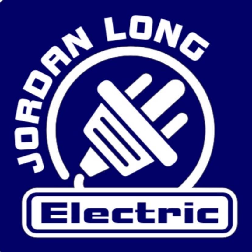 A blue and white logo with the text JORDAN LONG in an arc above a large, stylized electrical plug, and Electric in a rectangular box below.