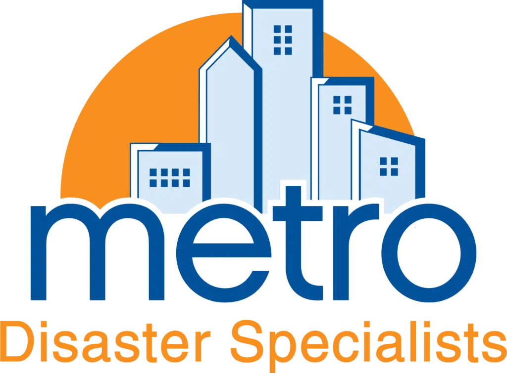 Logo with stylized blue buildings in front of an orange semicircle. Text reads metro in large blue letters and Disaster Specialists in orange below.
